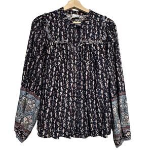 JOIE Navy Blue Peasant Blouse Ruffle Floral SIZE LARGE Cottage Shirt Cotton
